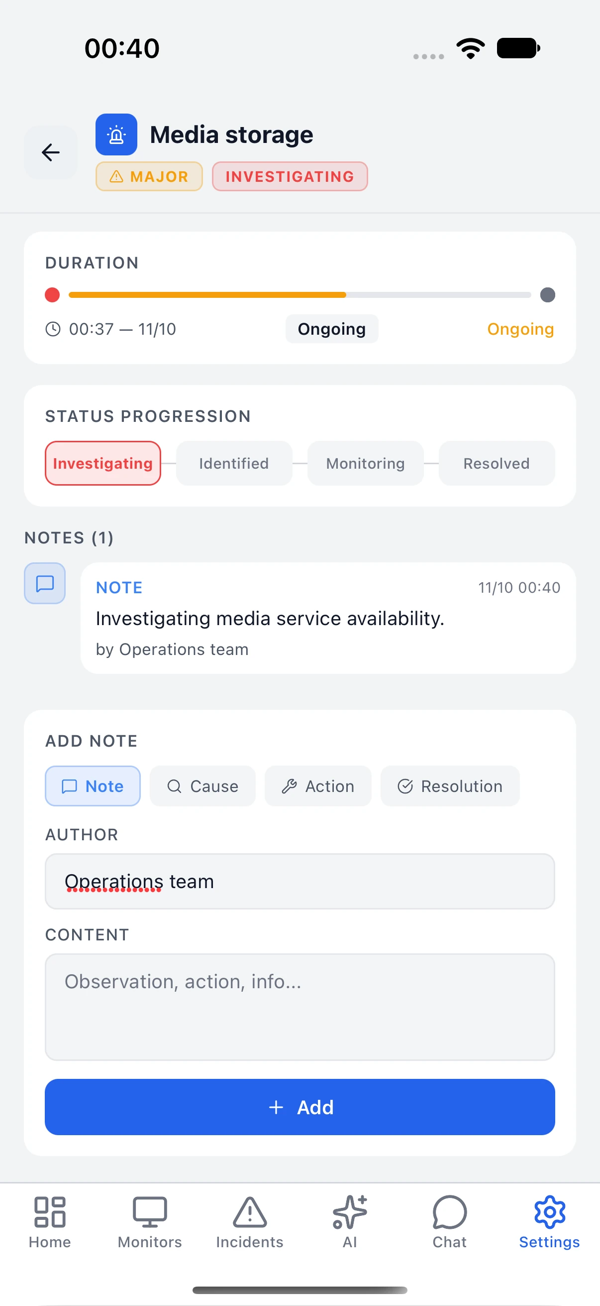 Investigation note added in the app to a demonstration incident.