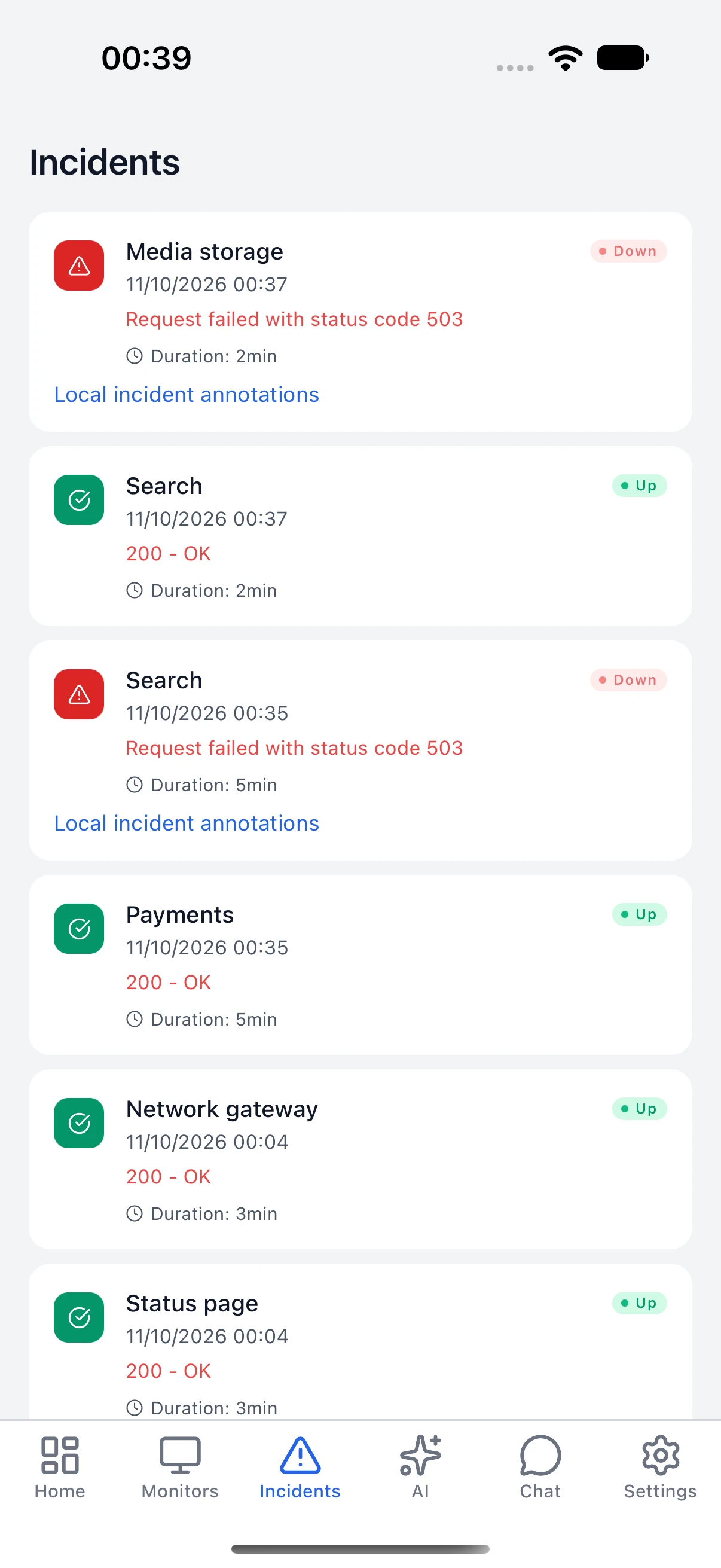 Incident and recovery log from a demo instance.