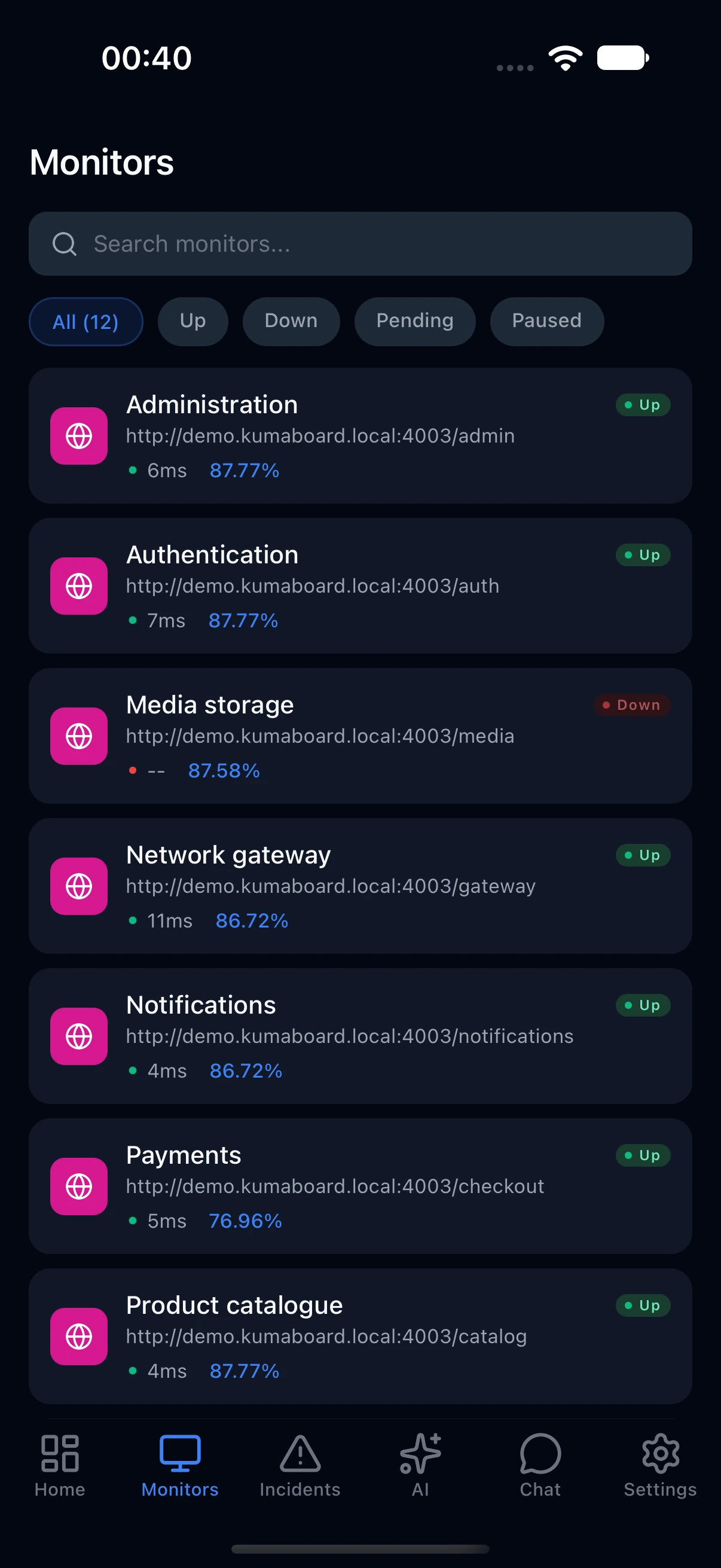 KumaBoard monitor list, showing statuses and response times.