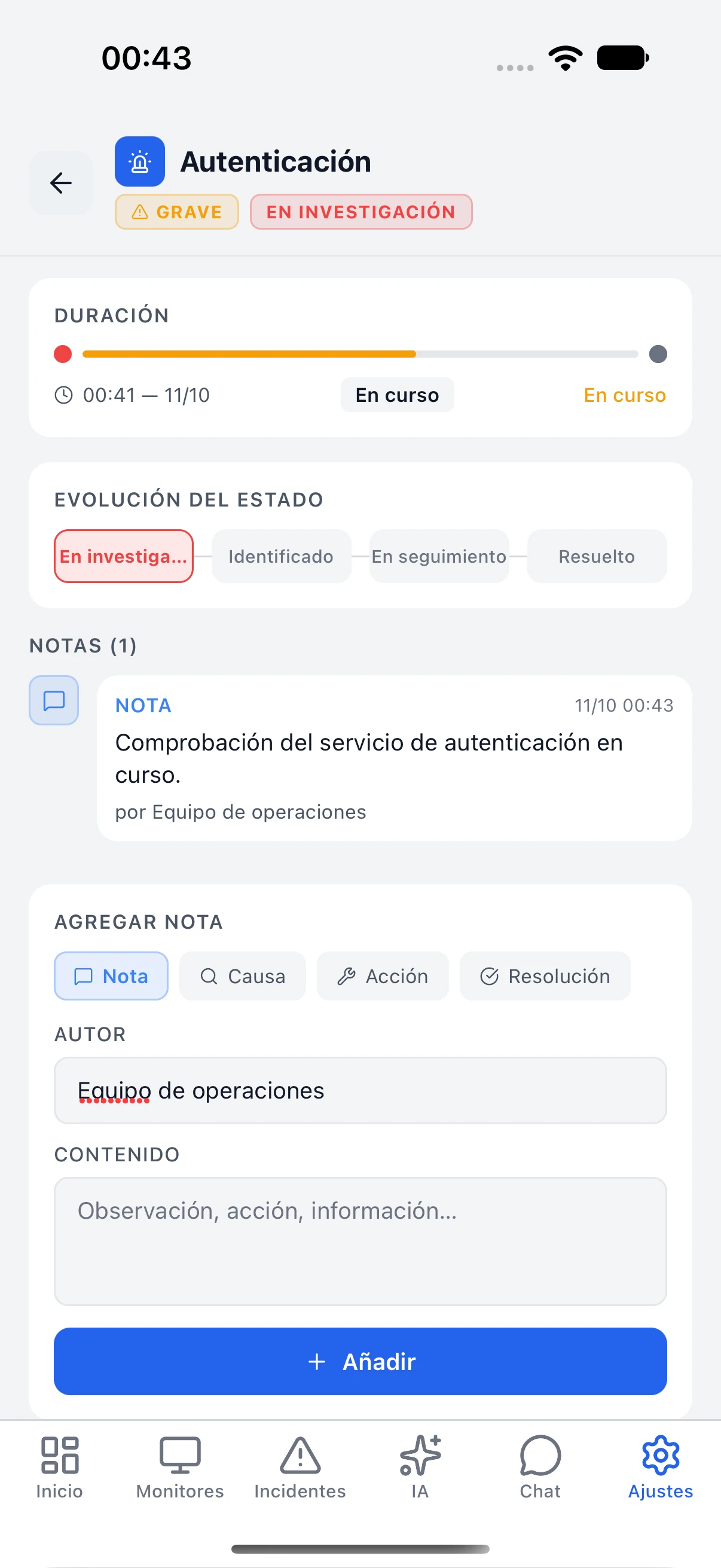 Nota de investigación añadida en la app a un incidente de demostración.