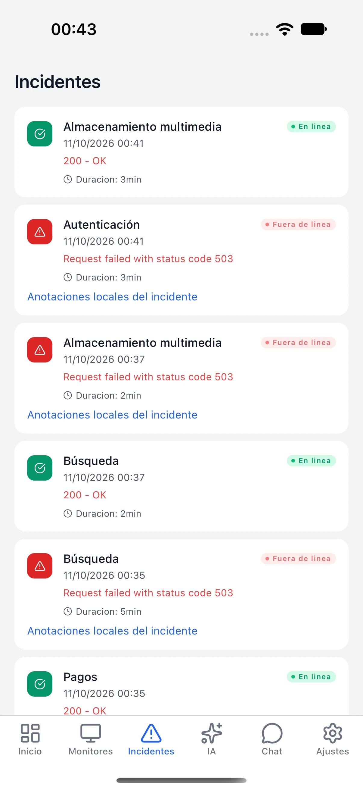 Registro de incidentes y recuperaciones de una instancia de demostración.