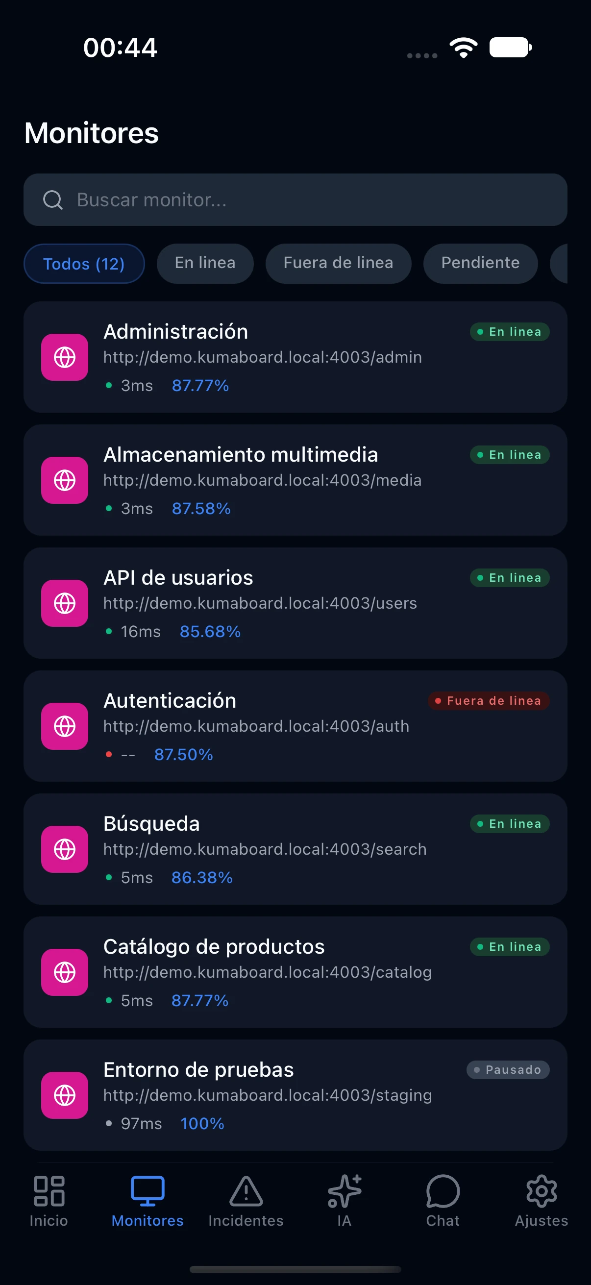 Lista de monitores en KumaBoard, con sus estados y tiempos de respuesta.