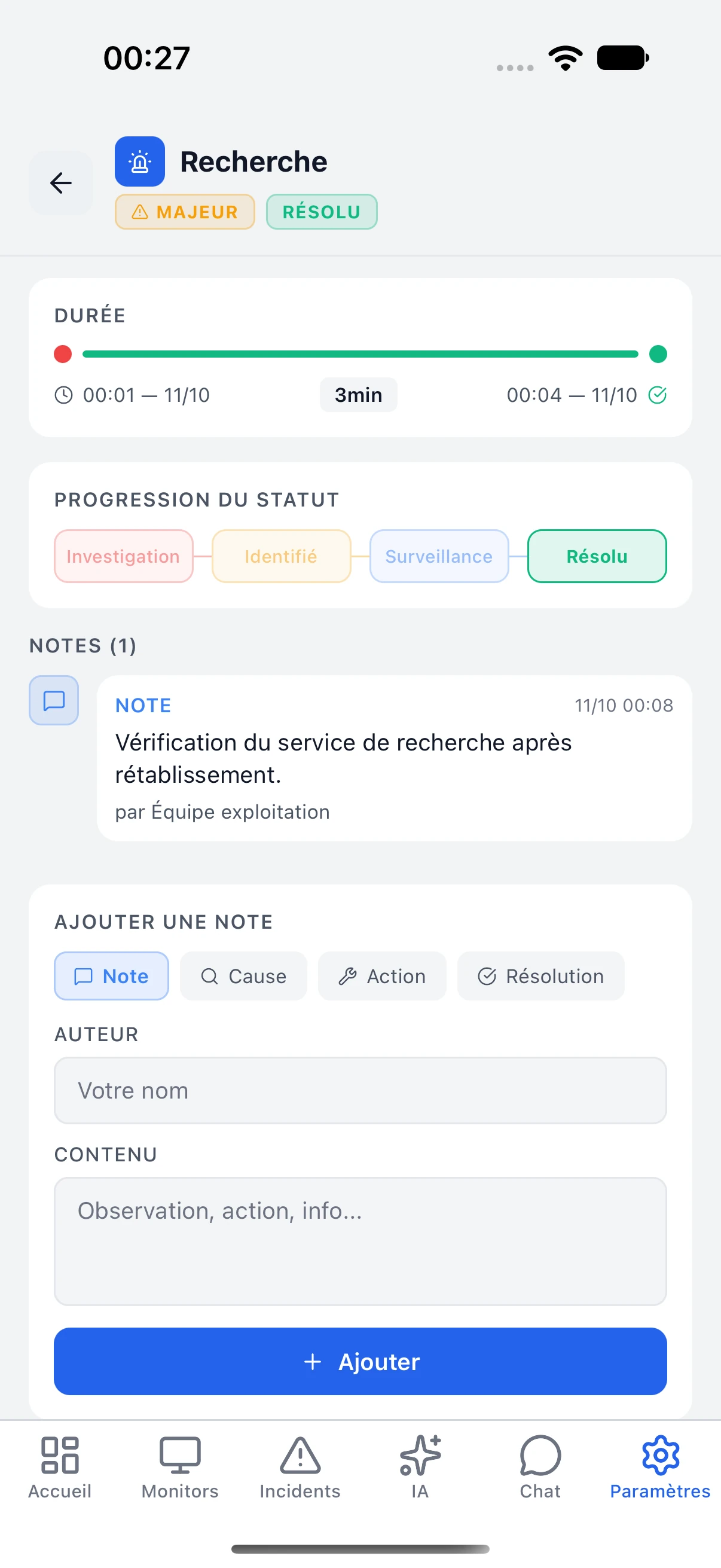 Note d’investigation ajoutée dans l’app à un incident de démonstration.