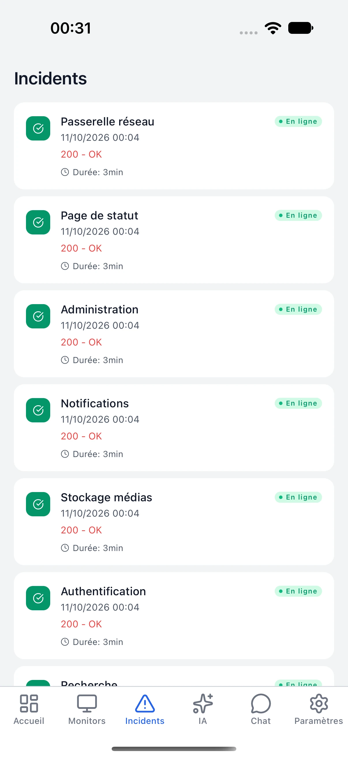 Journal des incidents et des rétablissements d’une instance de démonstration.